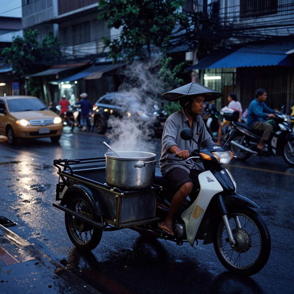 Predawn Bangkok street scene with motorbike vendor and wet asphalt reflections in in Bangkok, Thailand