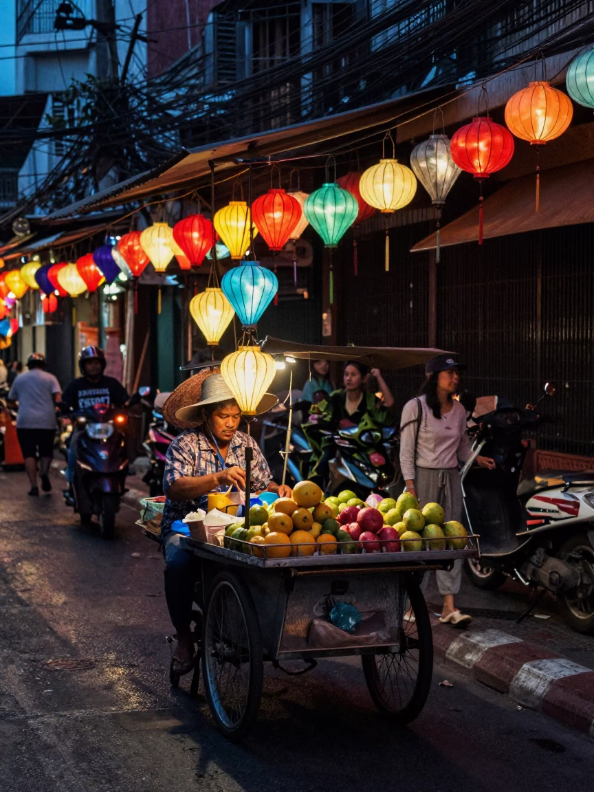 Predawn Bangkok Street Scene with Vendor and Colorful Lanterns in in Bangkok, Thailand