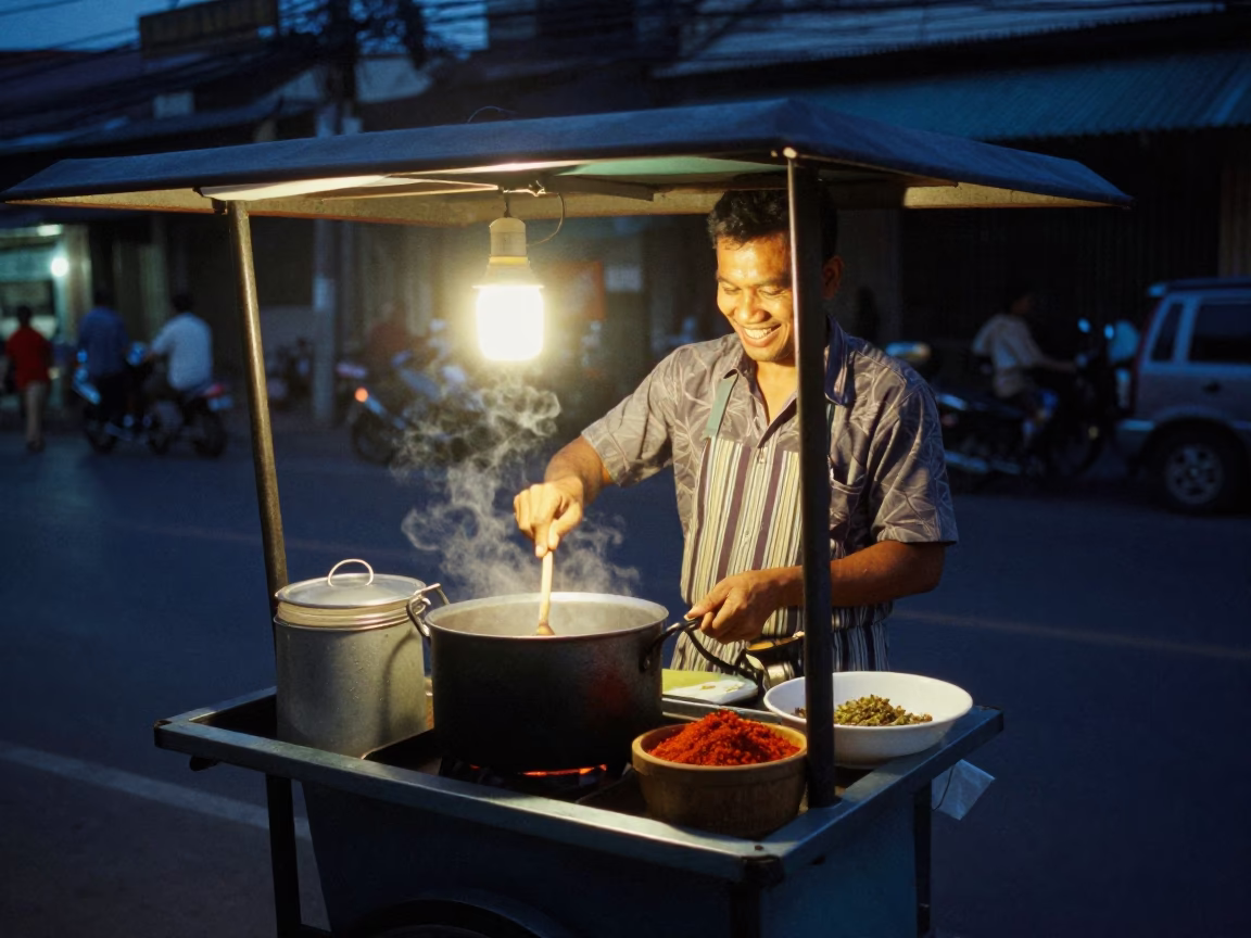 Predawn Bangkok Street Vendor Cooking with Spices and Wooden Stool in in Bangkok, Thailand