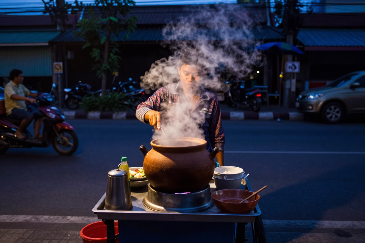 Predawn Bangkok Street Vendor Steam Rising from Clay Pot in Dark Alleyway in in Bangkok, Thailand