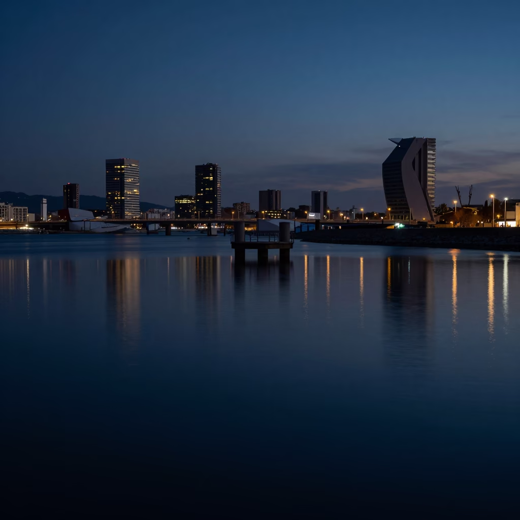 Predawn Barcelona Harbor Bridge Pier in Mirror-Still Dawn Water in in Barcelona, Spain