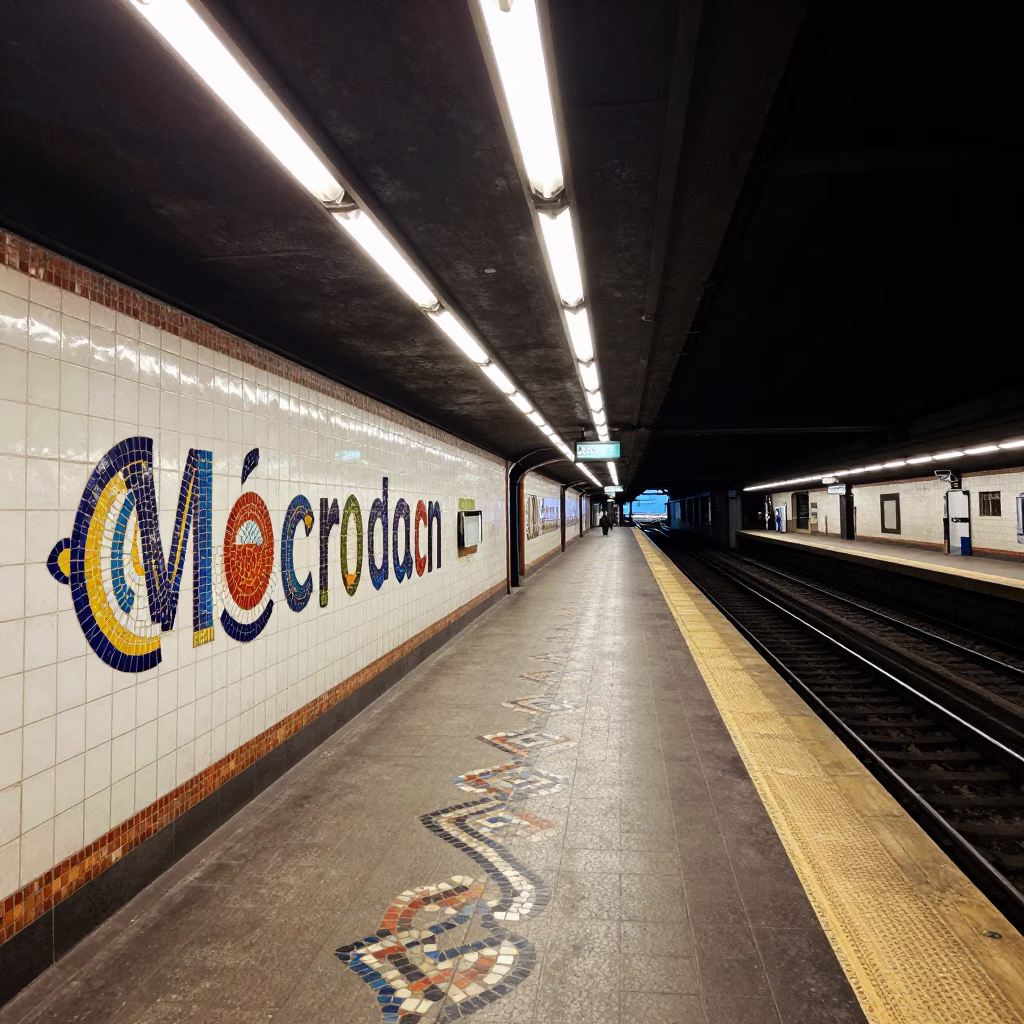 Predawn Barcelona Metro Station Art Adorned Platform Empty Train Arrival in in Barcelona, Spain