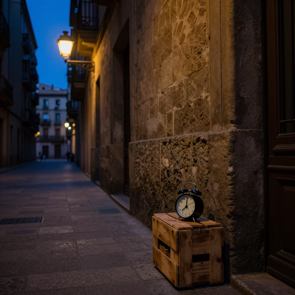 Predawn Barcelona Street Scene with Alarm Clock and Hand Broom in Dark Alley in in Barcelona, Spain