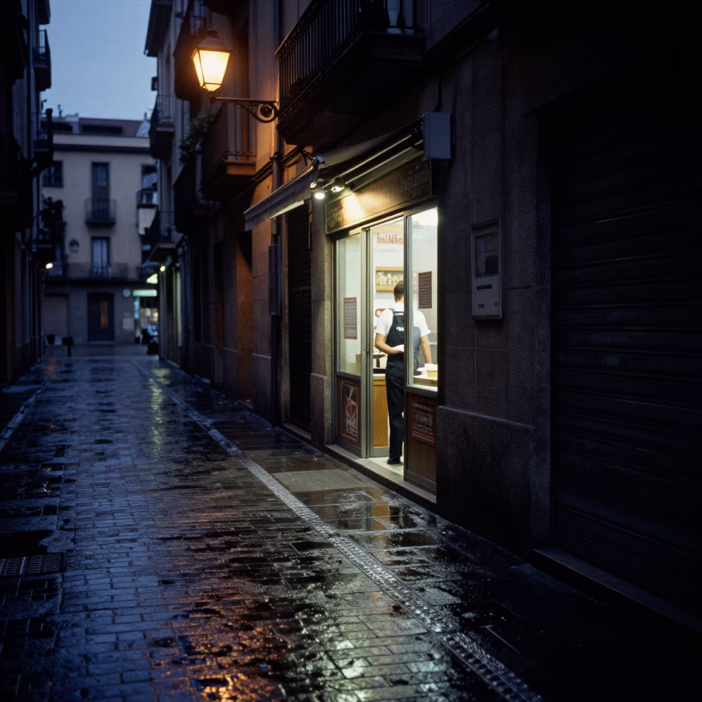 Predawn Barcelona Street Scene with Brushed Steel Tile Grout and Teacups in in Barcelona, Spain