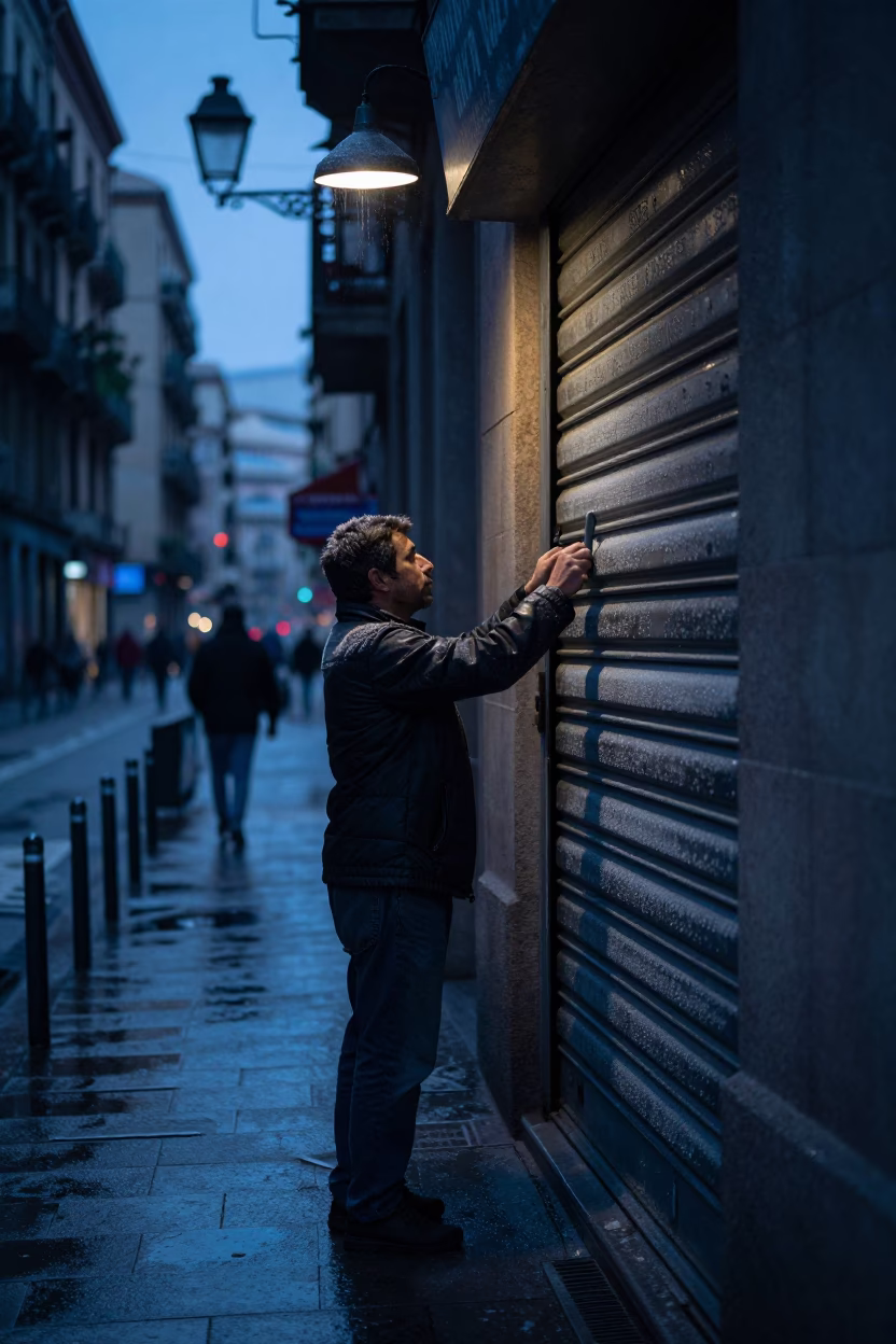 Predawn Barcelona Street Scene with Condensation on Metal Handle and Local Interaction in in Barcelona, Spain