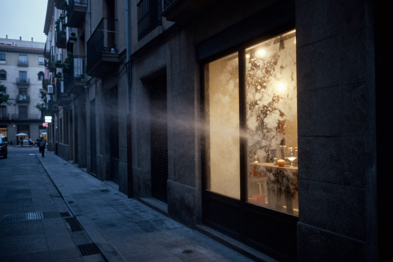 Predawn Barcelona Street Scene with Fogged Window and Watering Jug in Early Morning Darkness in in Barcelona, Spain