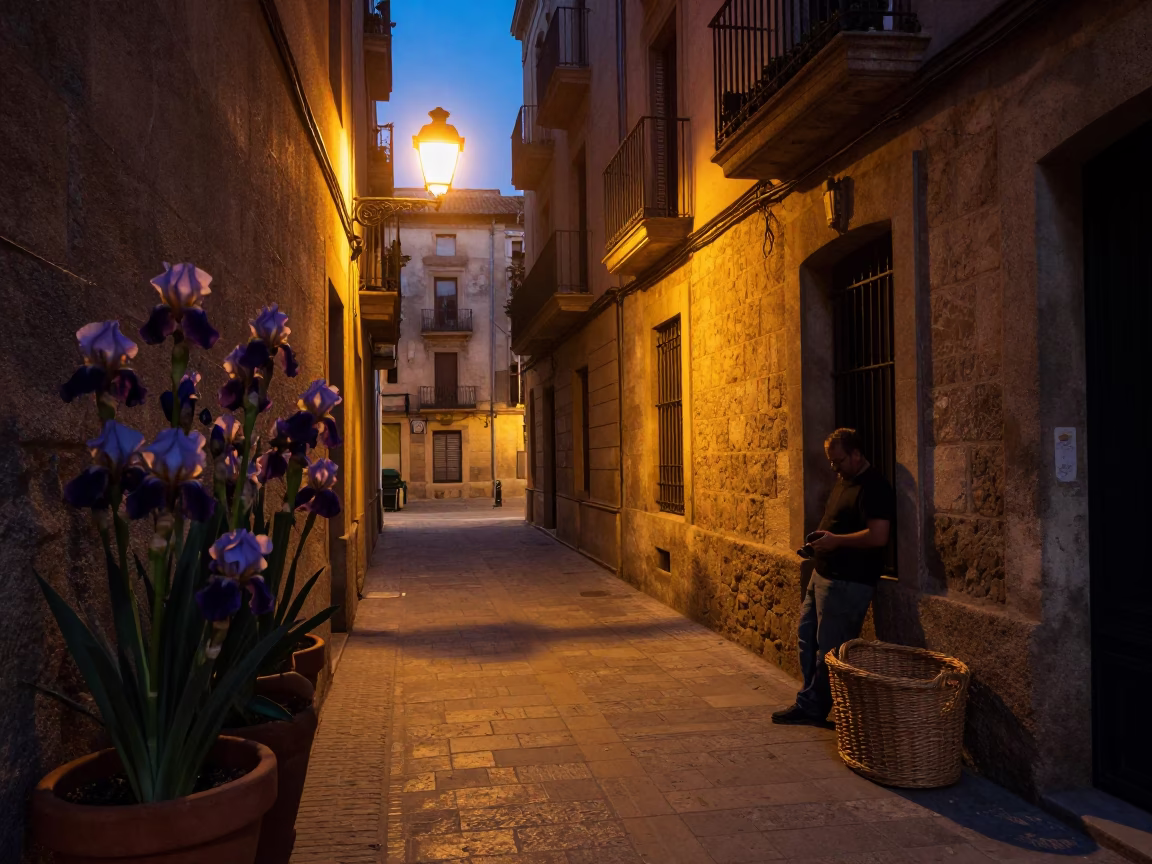 Predawn Barcelona Street Scene with Iris Blossoms and Wicker Basket in in Barcelona, Spain