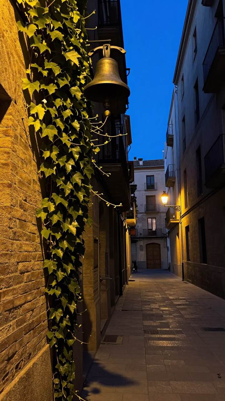 Predawn Barcelona Street Scene with Ivy and Brass Bell in Dim Light in in Barcelona, Spain