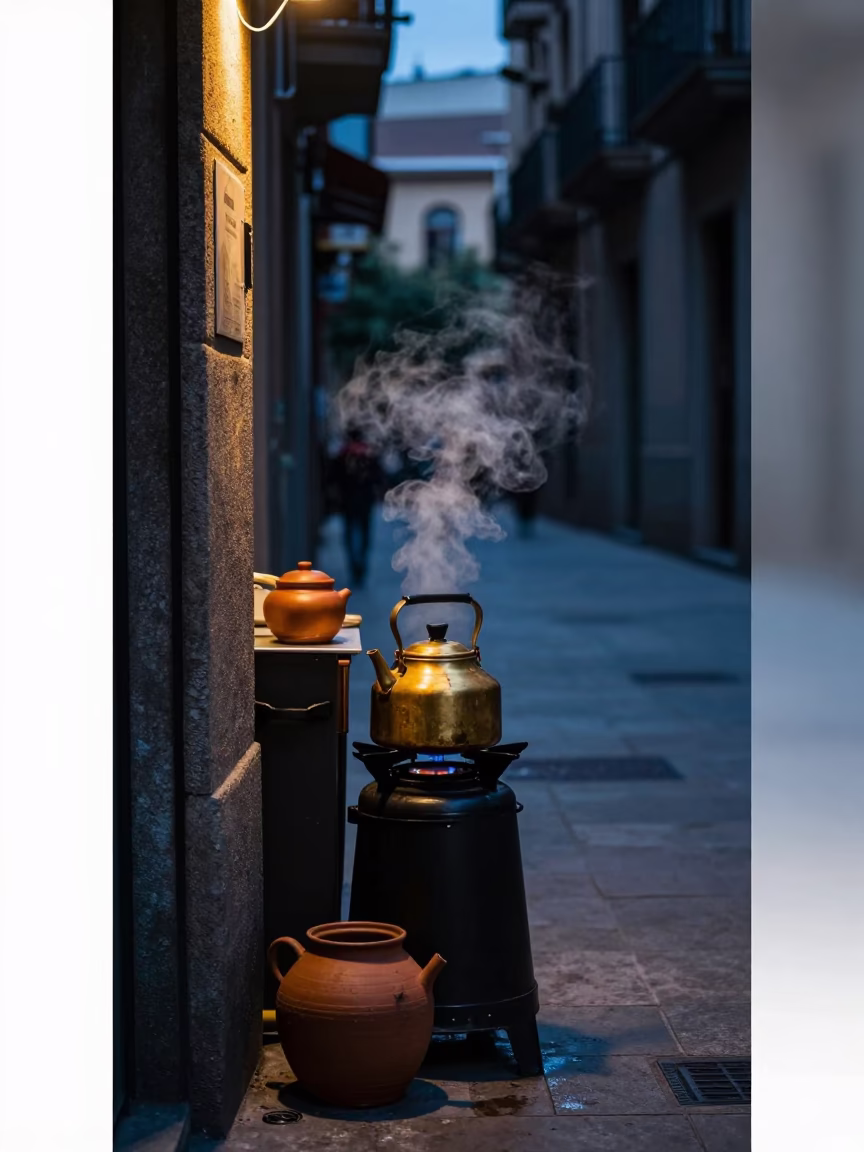 Predawn Barcelona Street Scene with Kettle and Clay Pot on Cobblestone in in Barcelona, Spain