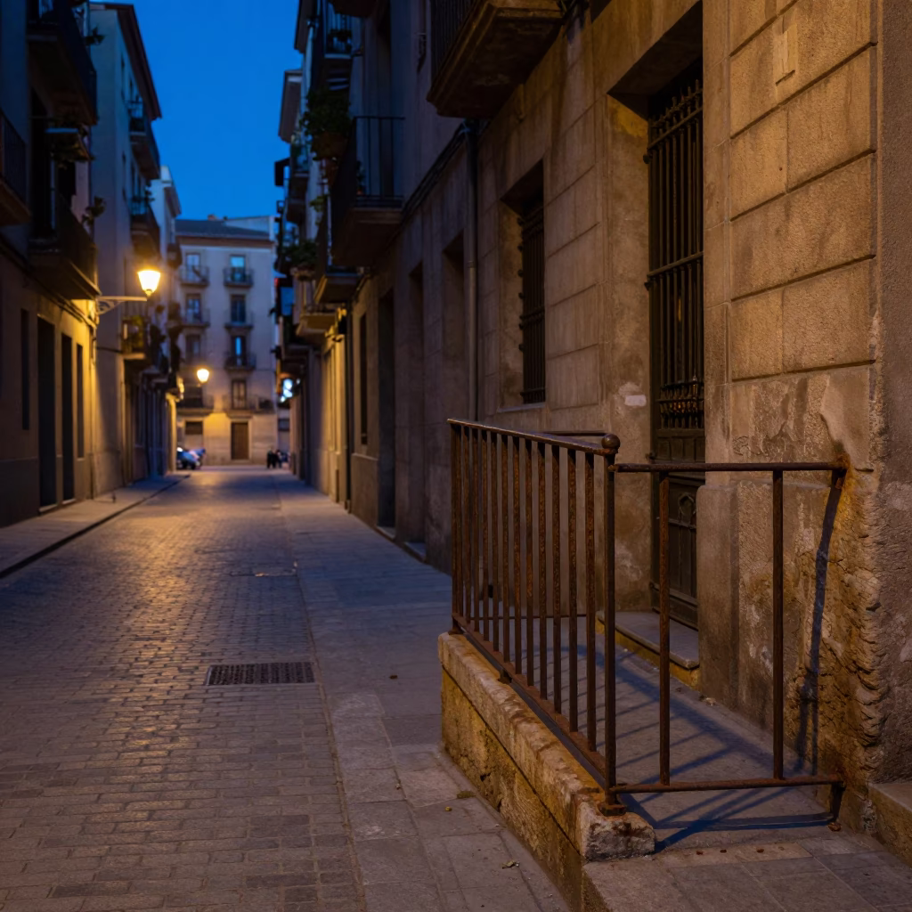 Predawn Barcelona Street Scene with Metal Stair Rail and Wooden Ladder in in Barcelona, Spain