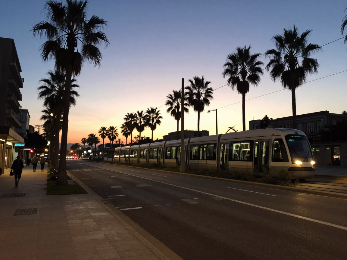 Predawn Barcelona Street Scene with Monorail and Palm Trees in 1950s Style in in Barcelona, Spain