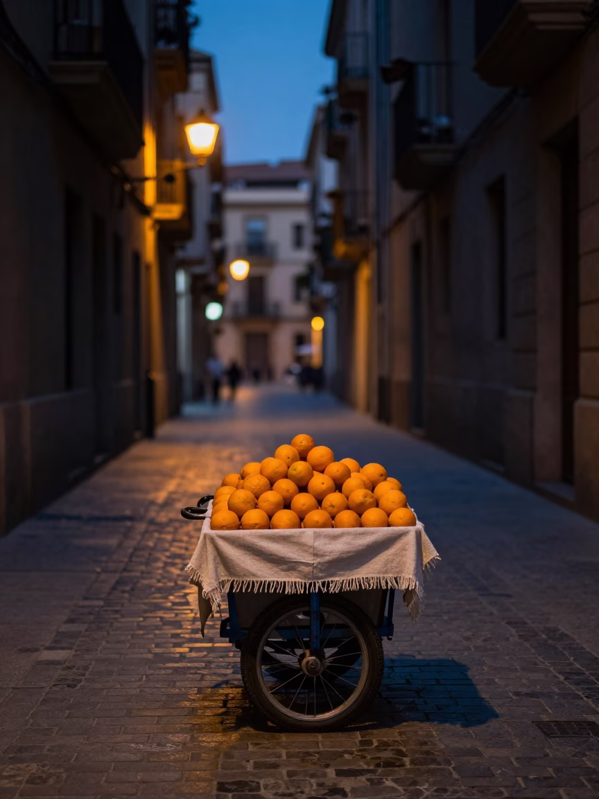 Predawn Barcelona Street Scene with Oranges and Linen Fringe in in Barcelona, Spain