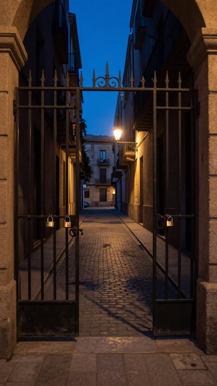 Predawn Barcelona Street Scene with Padlock on Iron Gate and Empty Trivet in in Barcelona, Spain