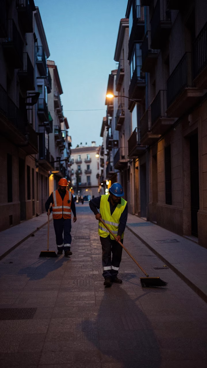 Predawn Barcelona Street Scene with Street Cleaner and Taper Candle in in Barcelona, Spain