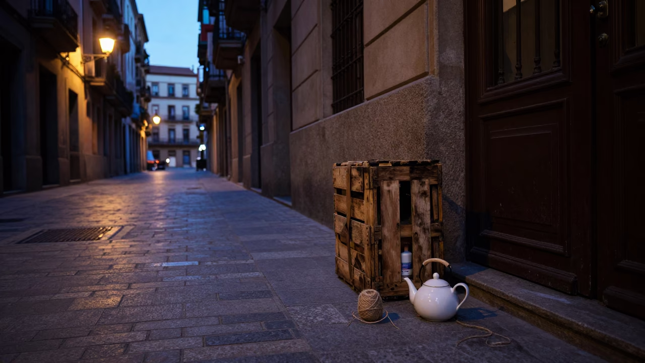 Predawn Barcelona Street Scene with Teapot and Twine on Wet Cobblestones in in Barcelona, Spain