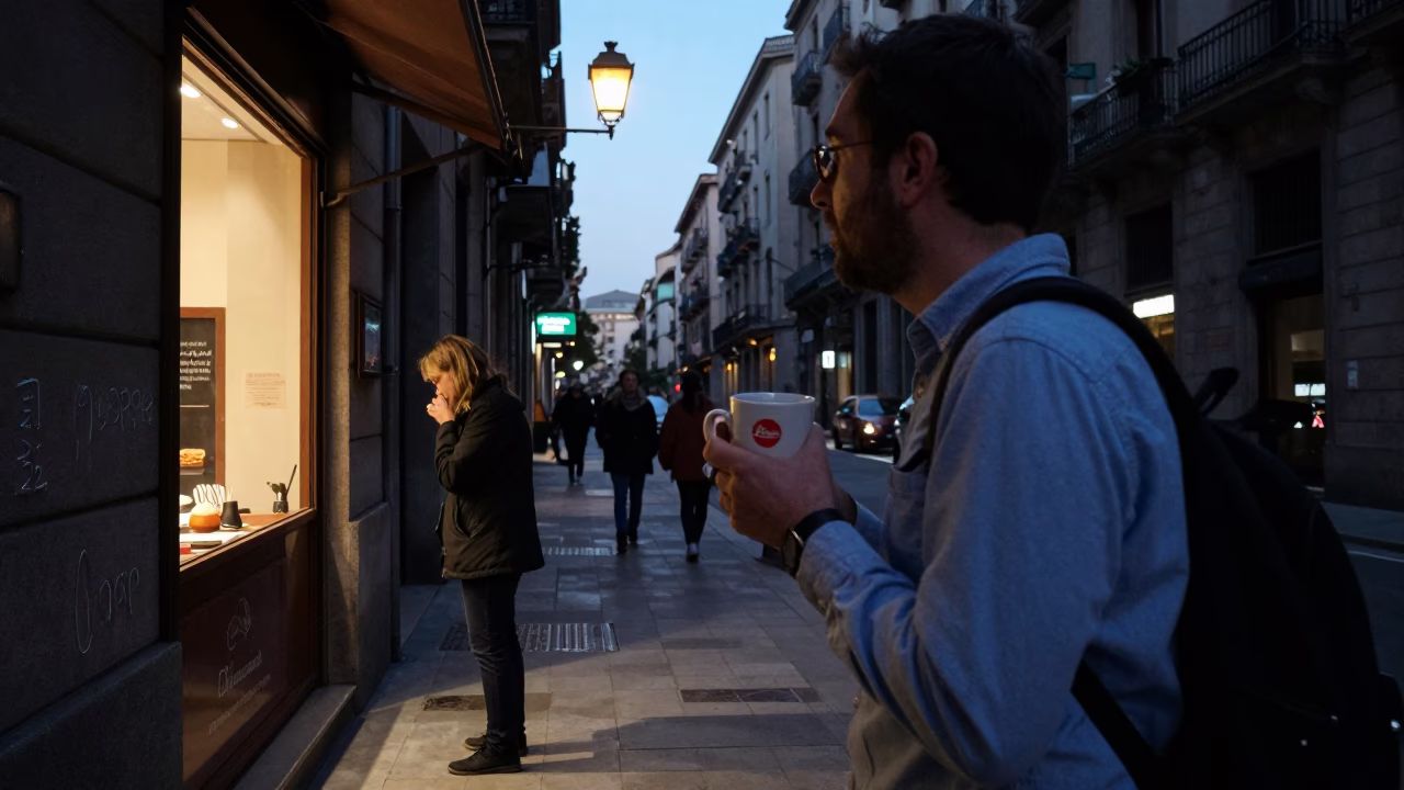Predawn Barcelona Street Scene with Vintage Coffee Mug and Brass Plate in in Barcelona, Spain