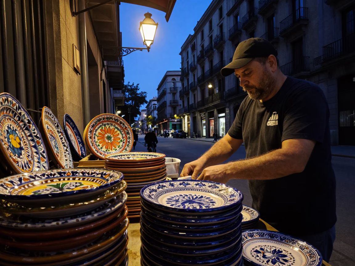 Predawn Barcelona Street Scene with Vintage Majolica Plate and Padlock in in Barcelona, Spain