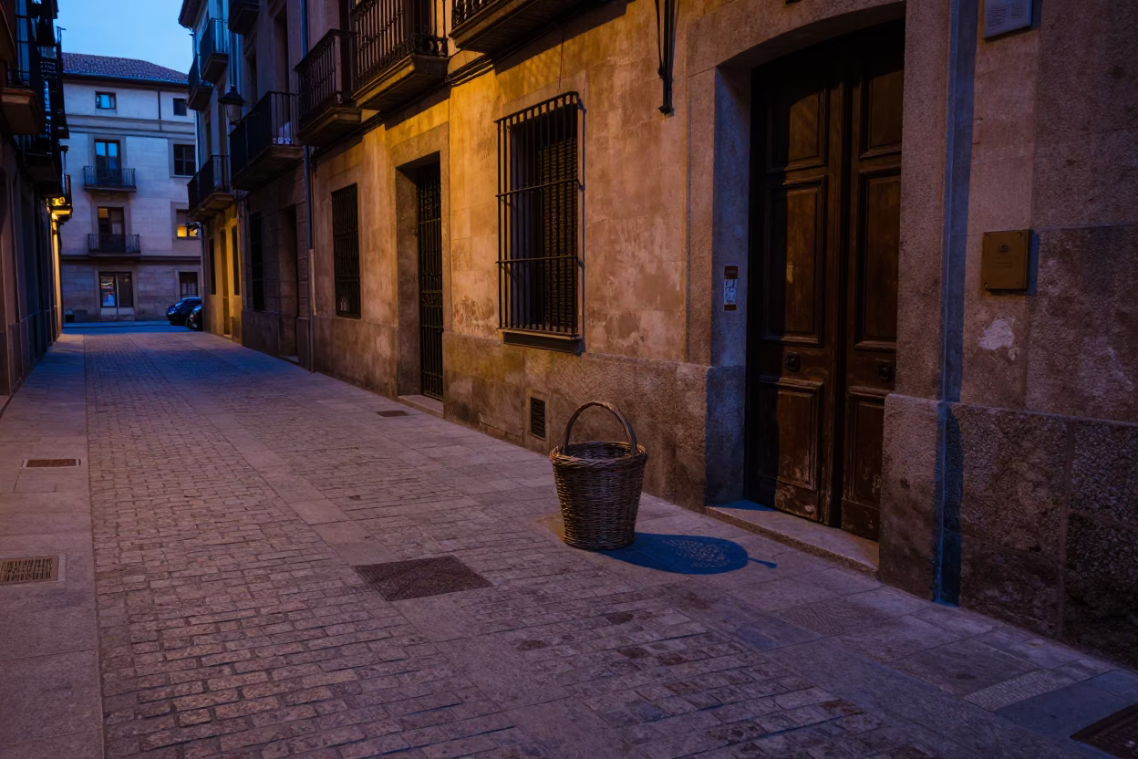Predawn Barcelona Street Scene with Wicker Bucket Shadow and Address Book in in Barcelona, Spain