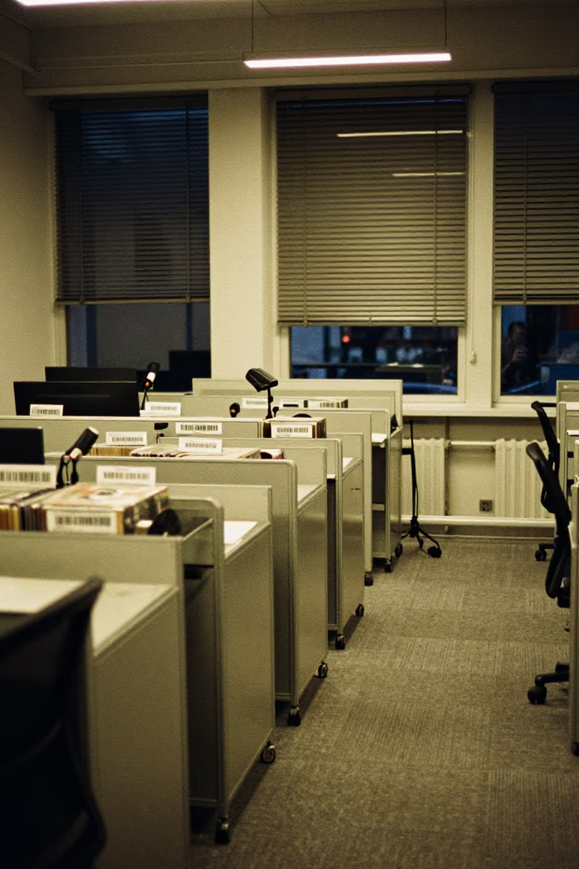 Predawn Barcode Cart in Karakoy Office Bay in inside an open-plan office bay near Karakoy, Istanbul