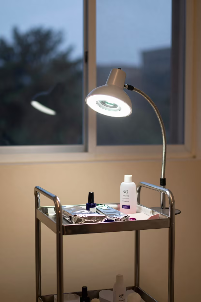 Predawn Beauty Cart with Foils and Lamp in inside a nail studio in Asaba