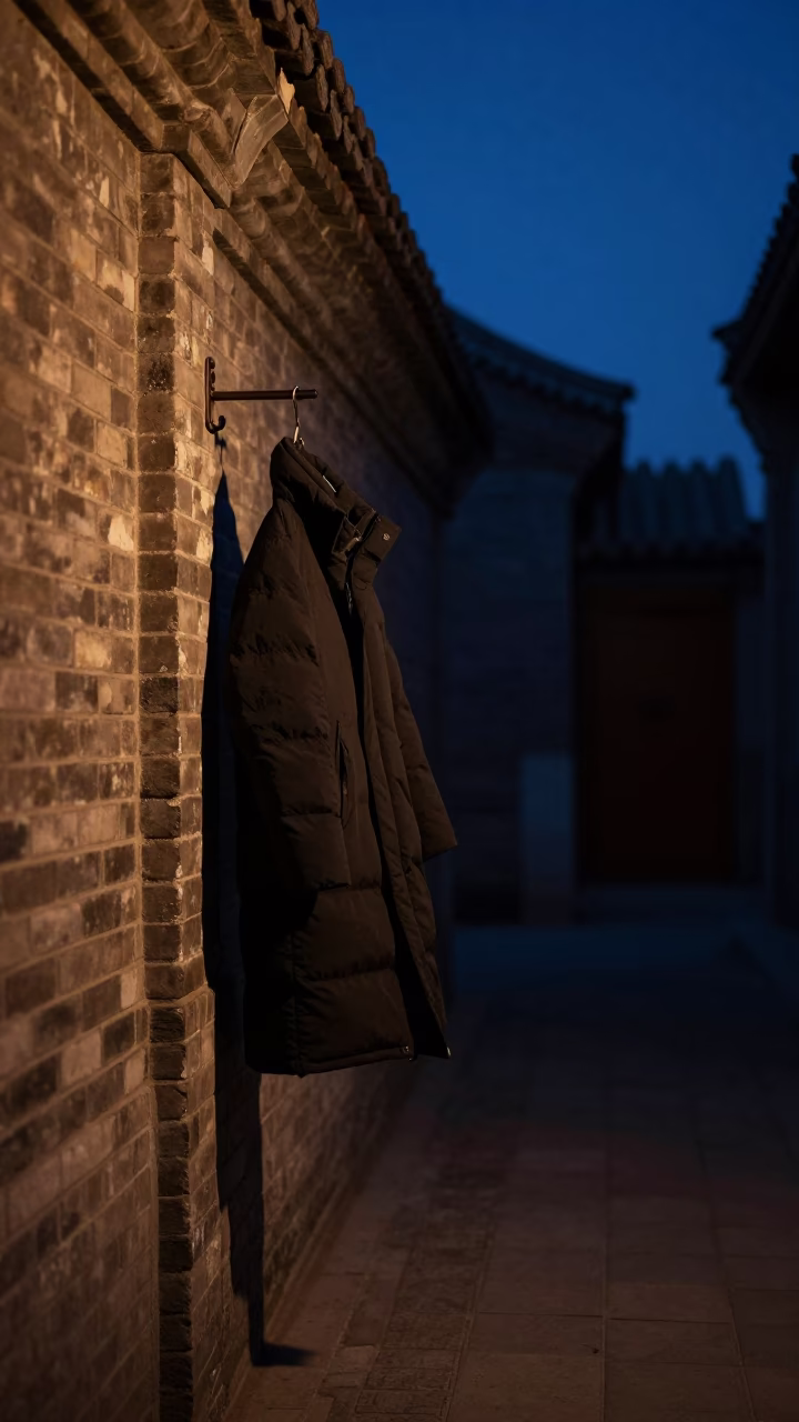 Predawn Beijing Alleyway with Hanging Coats and Traditional Brickwork in in Beijing, China