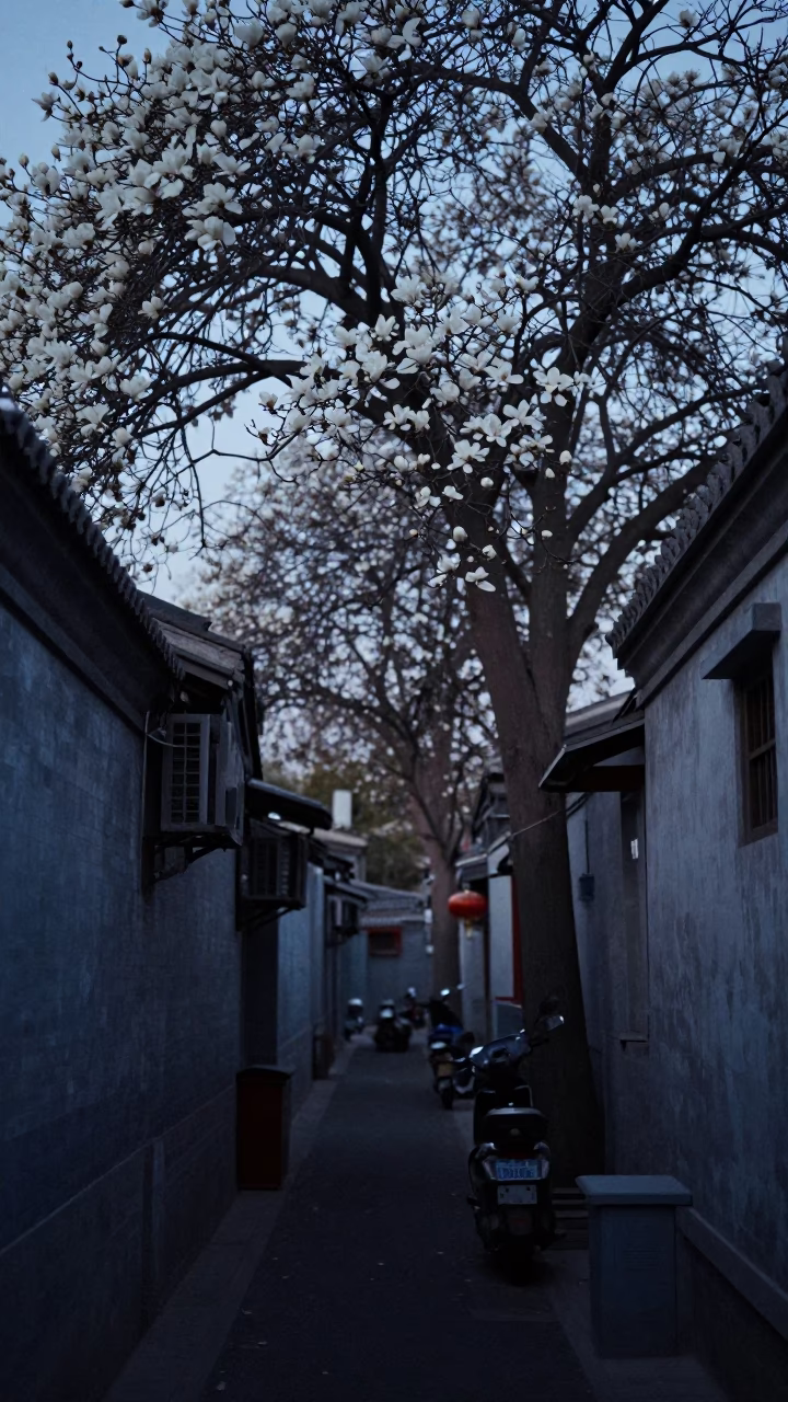 Predawn Beijing Alleyway With Magnolia Blossoms And Weathered Plaster Walls in in Beijing, China