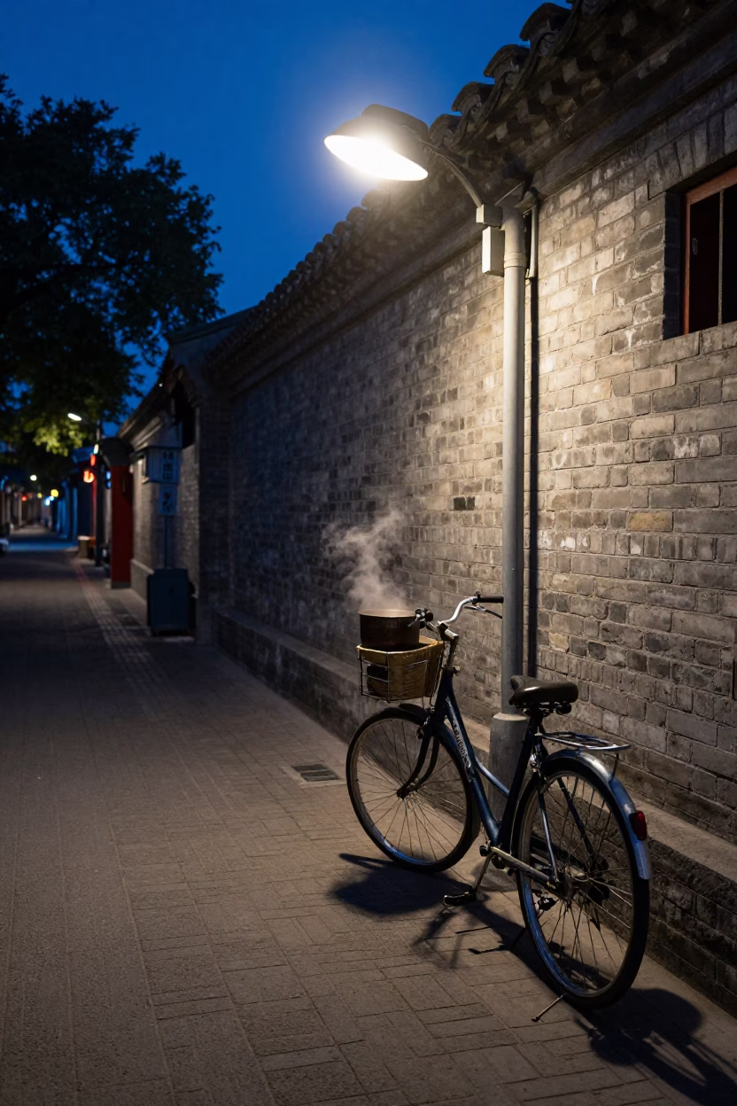 Predawn Beijing Street Scene with Bicycle and Steaming Saucepan in in Beijing, China