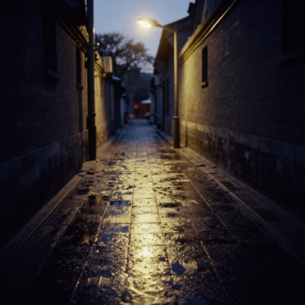 Predawn Beijing Street Scene with Brushed Steel Tile Grout and Morning Routine in in Beijing, China