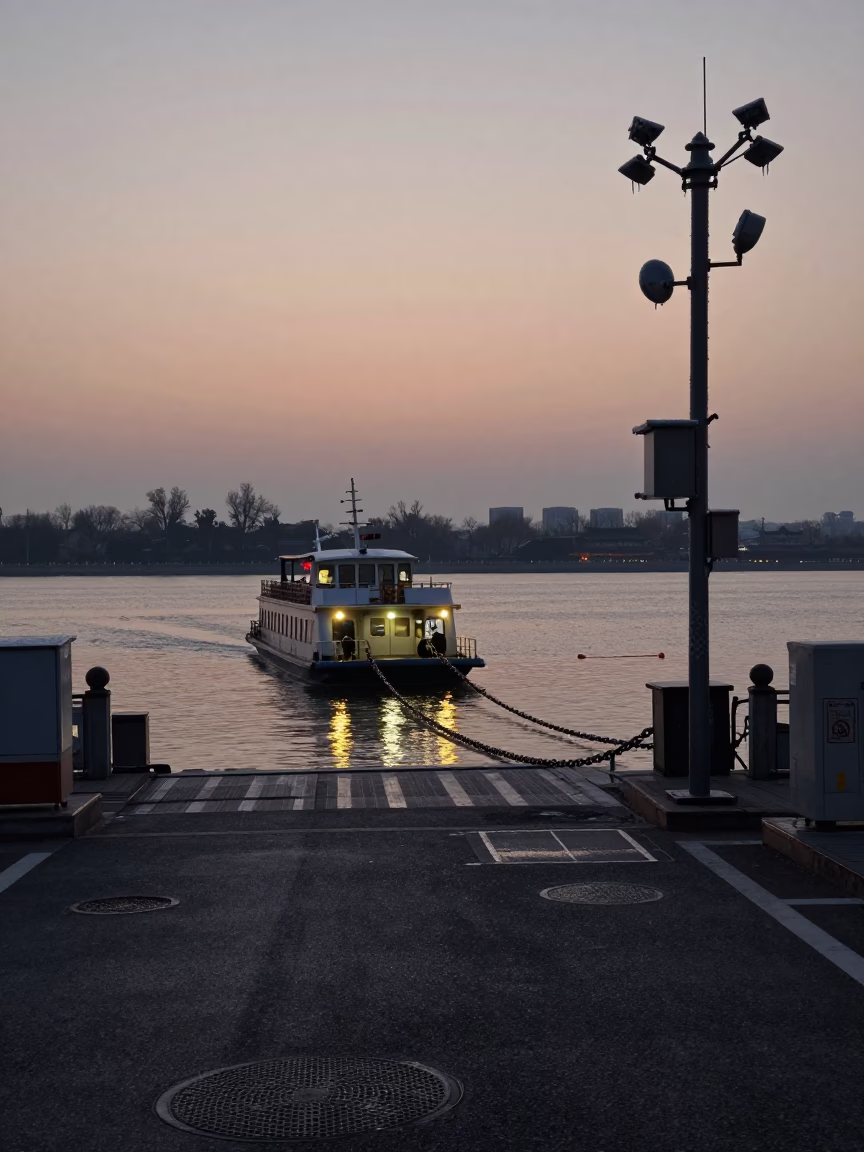 Predawn Beijing Street Scene with Chain Ferry and Weather Station in Early Morning Darkness in in Beijing, China