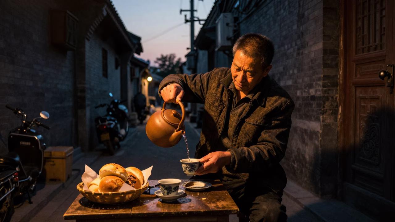 Predawn Beijing Street Scene with Clay Teapot and Bread Basket in in Beijing, China
