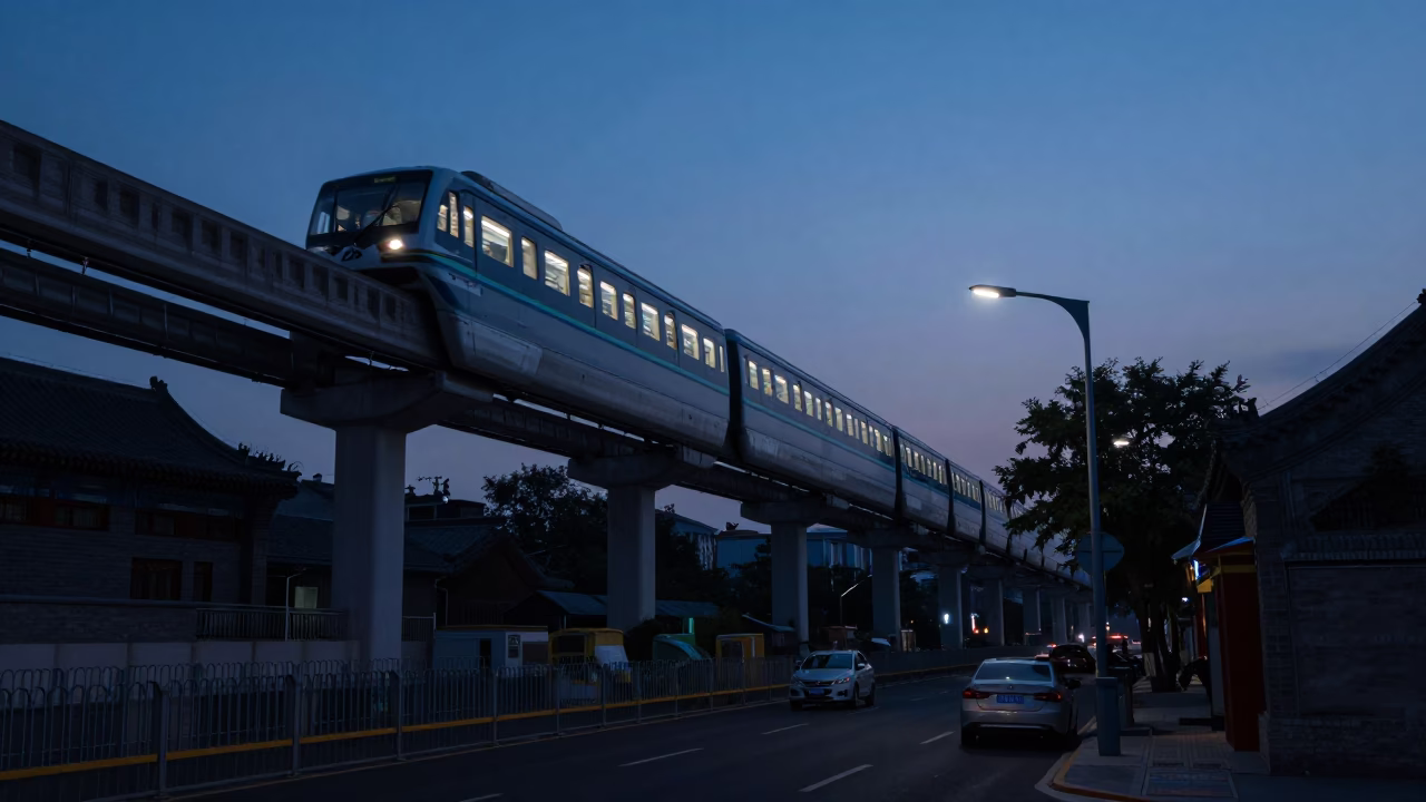 Predawn Beijing street scene with monorail and traditional architecture in in Beijing, China