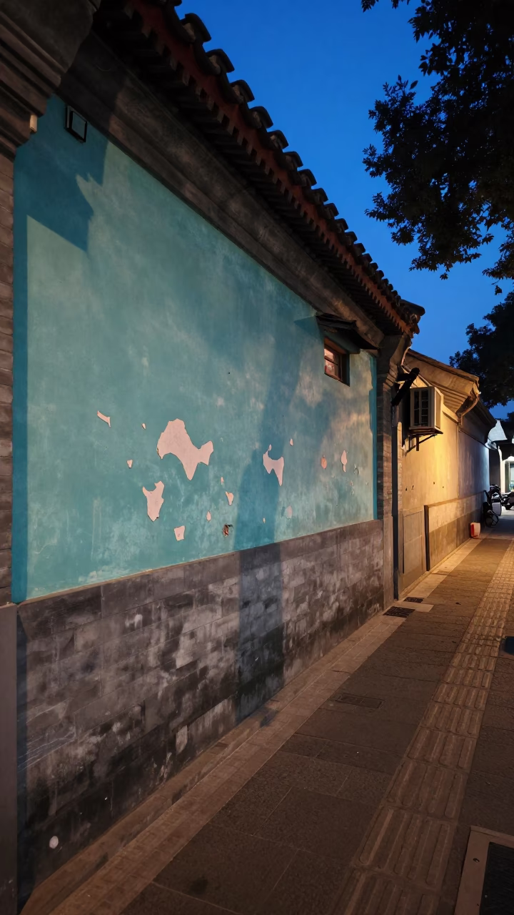 Predawn Beijing street scene with peeling turquoise paint and concrete retaining wall in in Beijing, China