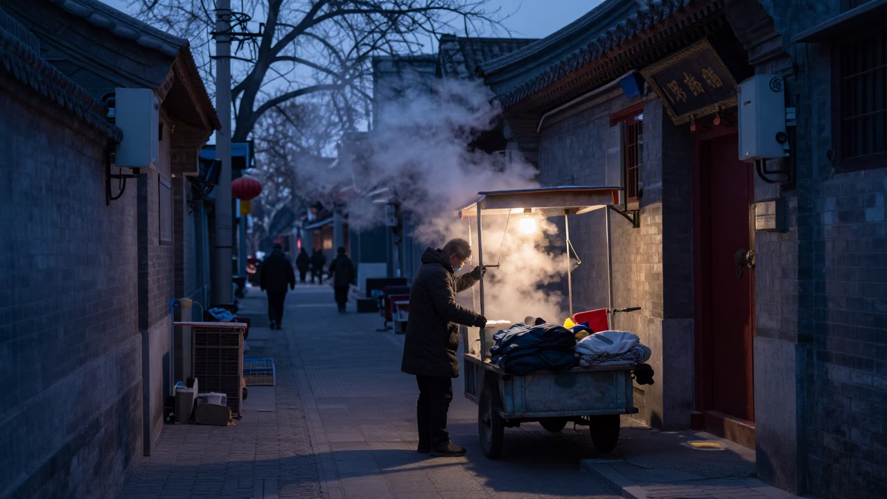Predawn Beijing Street Scene with Steam and Early Morning Activity in in Beijing, China