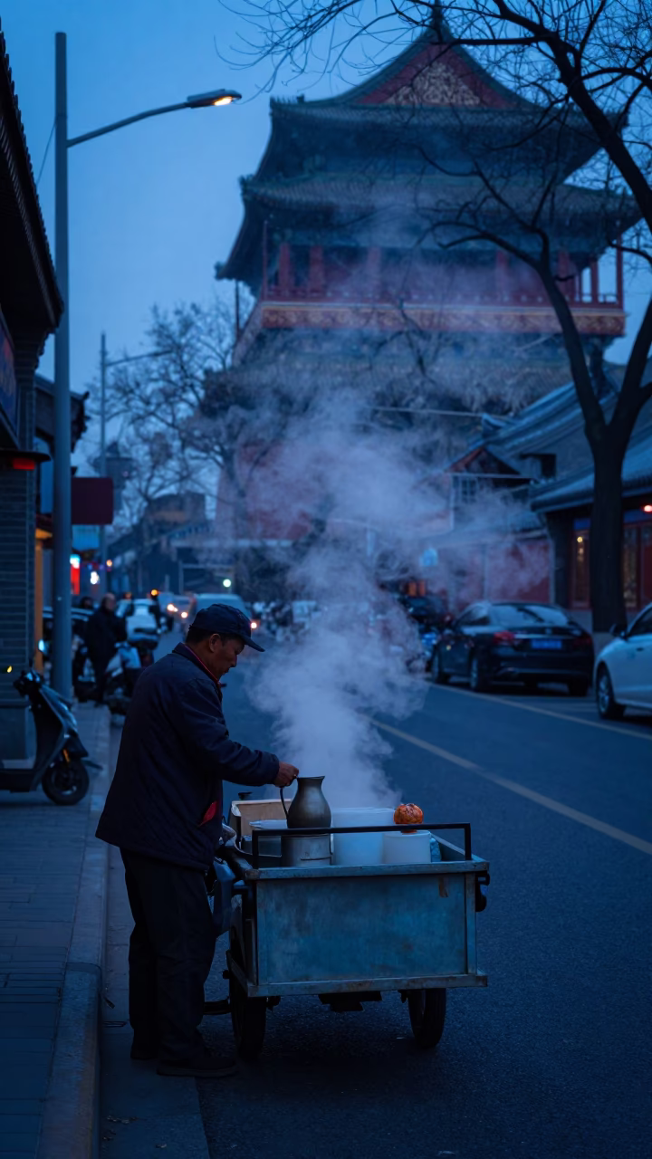 Predawn Beijing Street Scene with Steam Haze and Blue Porcelain Jar in in Beijing, China