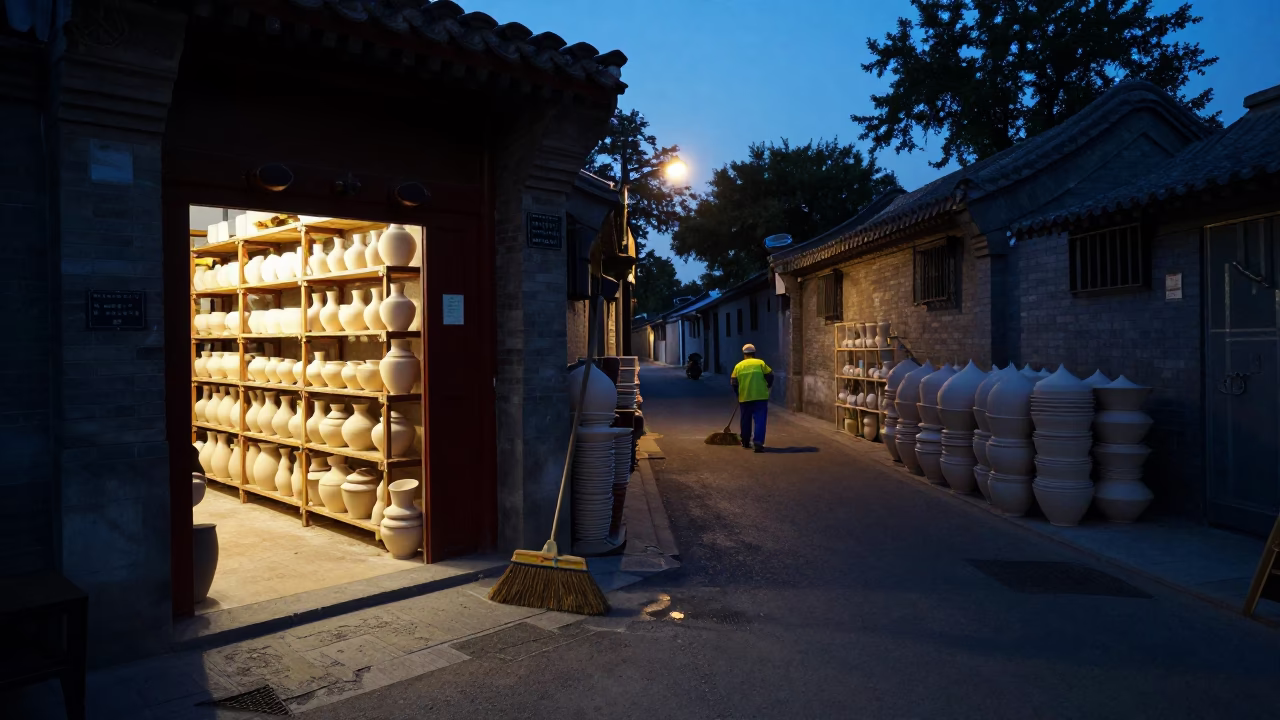 Predawn Beijing Street Scene with Sweeping Broom and Stacked Pottery Market Wares in in Beijing, China