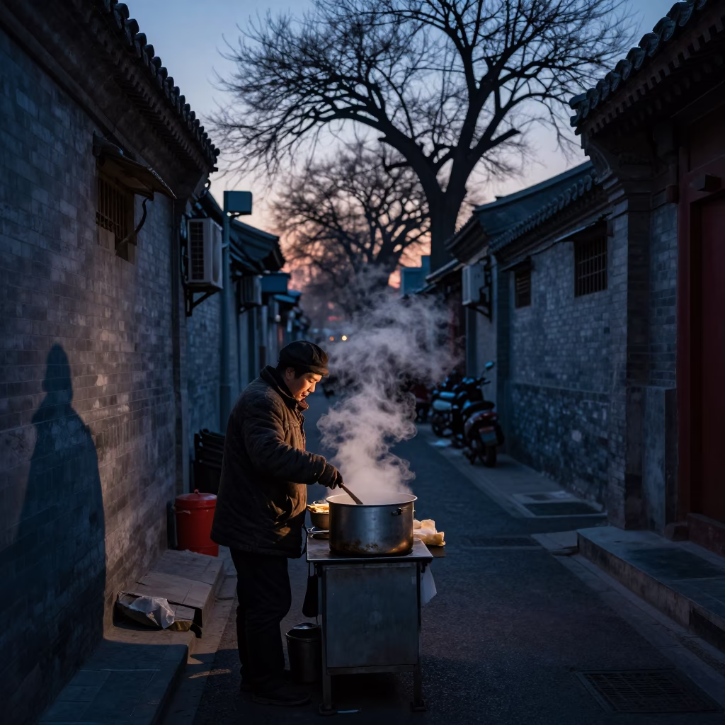 Predawn Beijing Street Vendor with Steam and Urban Architecture in in Beijing, China