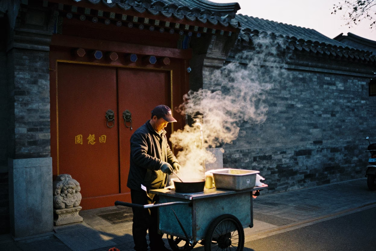 Predawn Beijing Street Vendor with Steam and Work Gloves in in Beijing, China