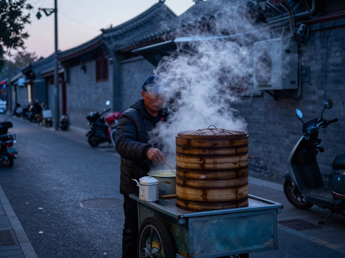 Predawn Beijing street vendor with steam rising from steamer baskets in early morning darkness in in Beijing, China