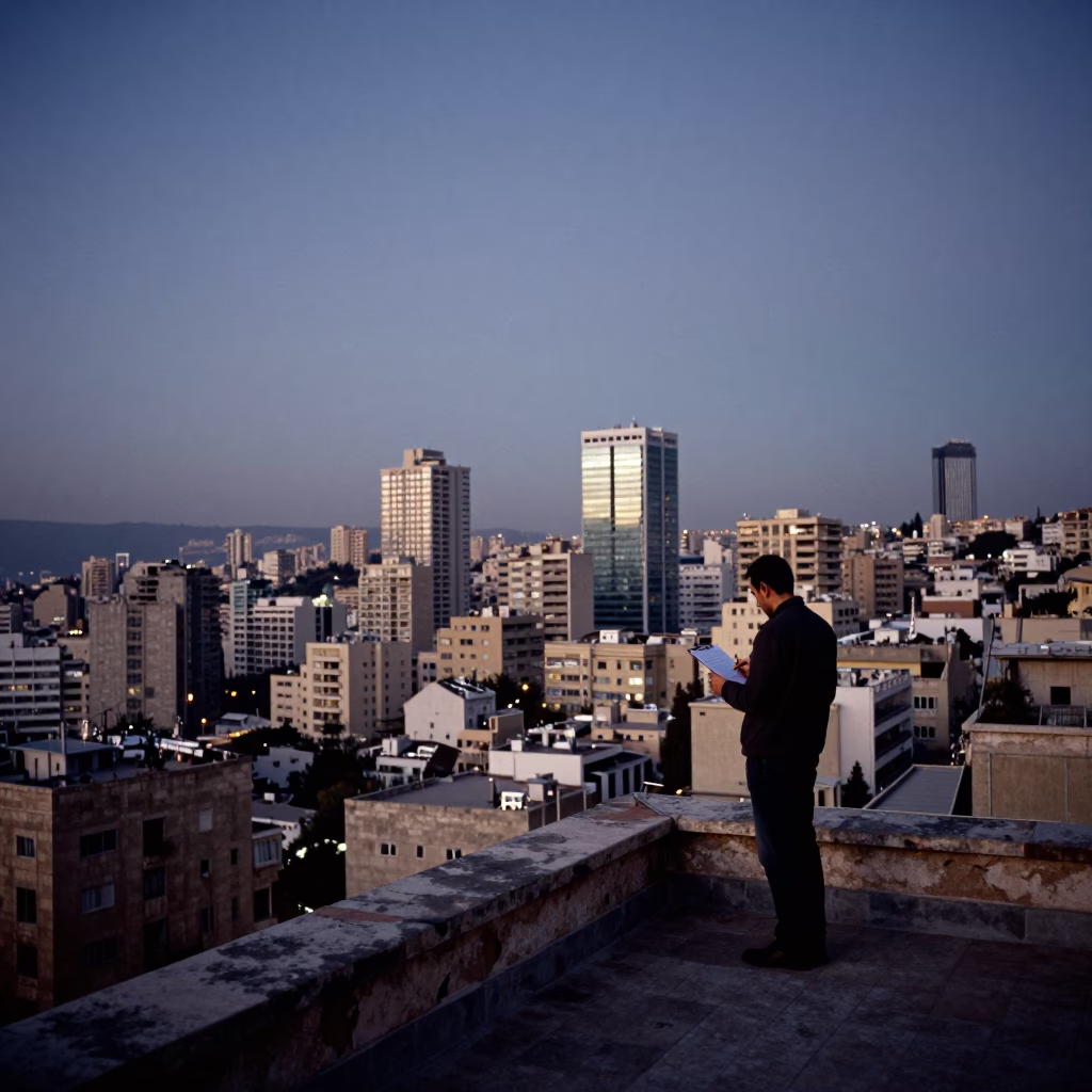 Predawn Beirut Skyline View from Rooftop with Clipboard and Coffee Cup in in Beirut, Lebanon