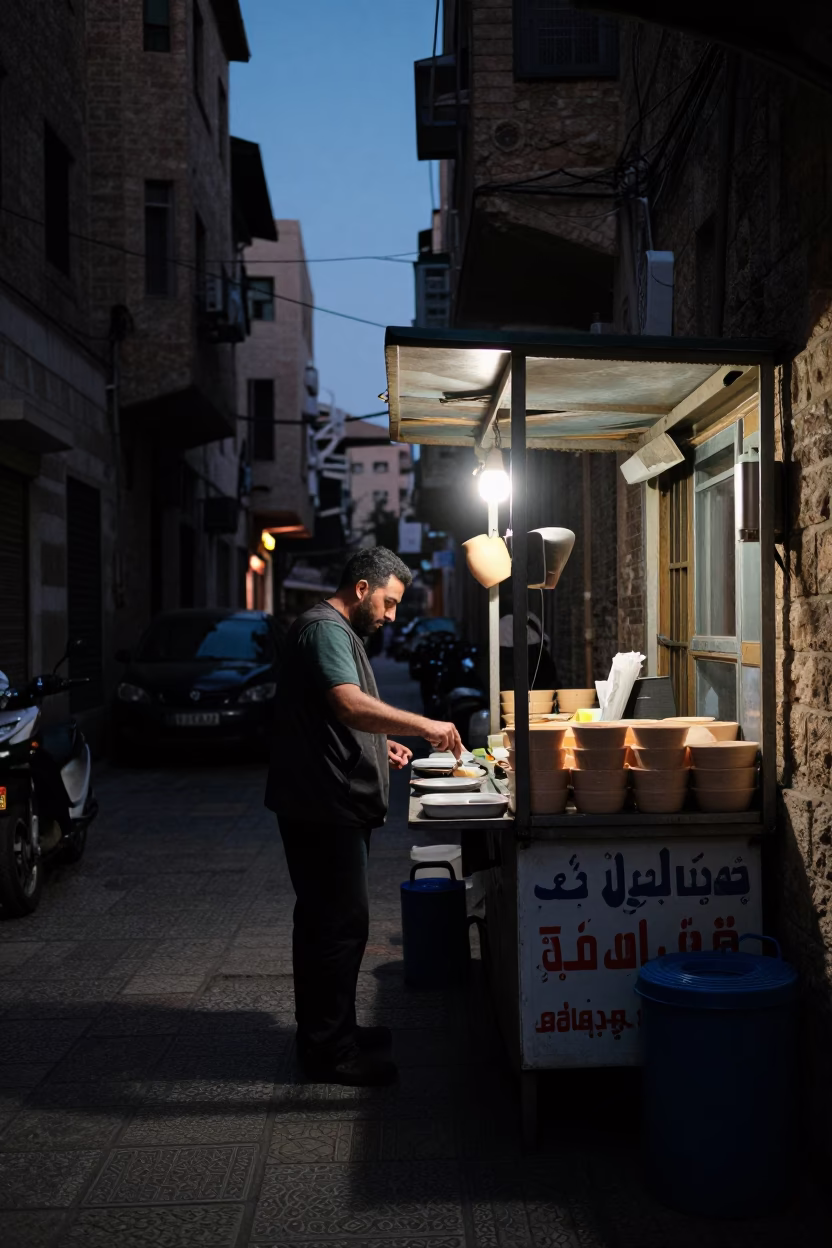Predawn Beirut Street Food Stall with Ceramic Cup and Twine Wall Details in in Beirut, Lebanon