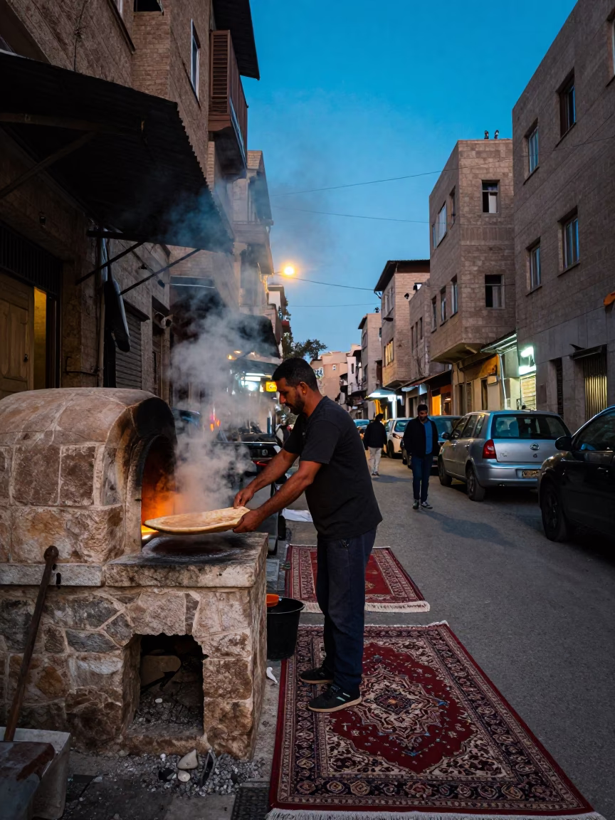 Predawn Beirut Street Scene with Baker and Persian Carpet Loom in Workshop in in Beirut, Lebanon
