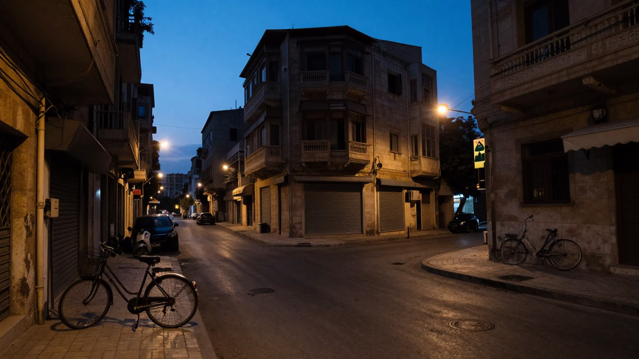 Predawn Beirut Street Scene with Bicycle and Urban Architecture in in Beirut, Lebanon