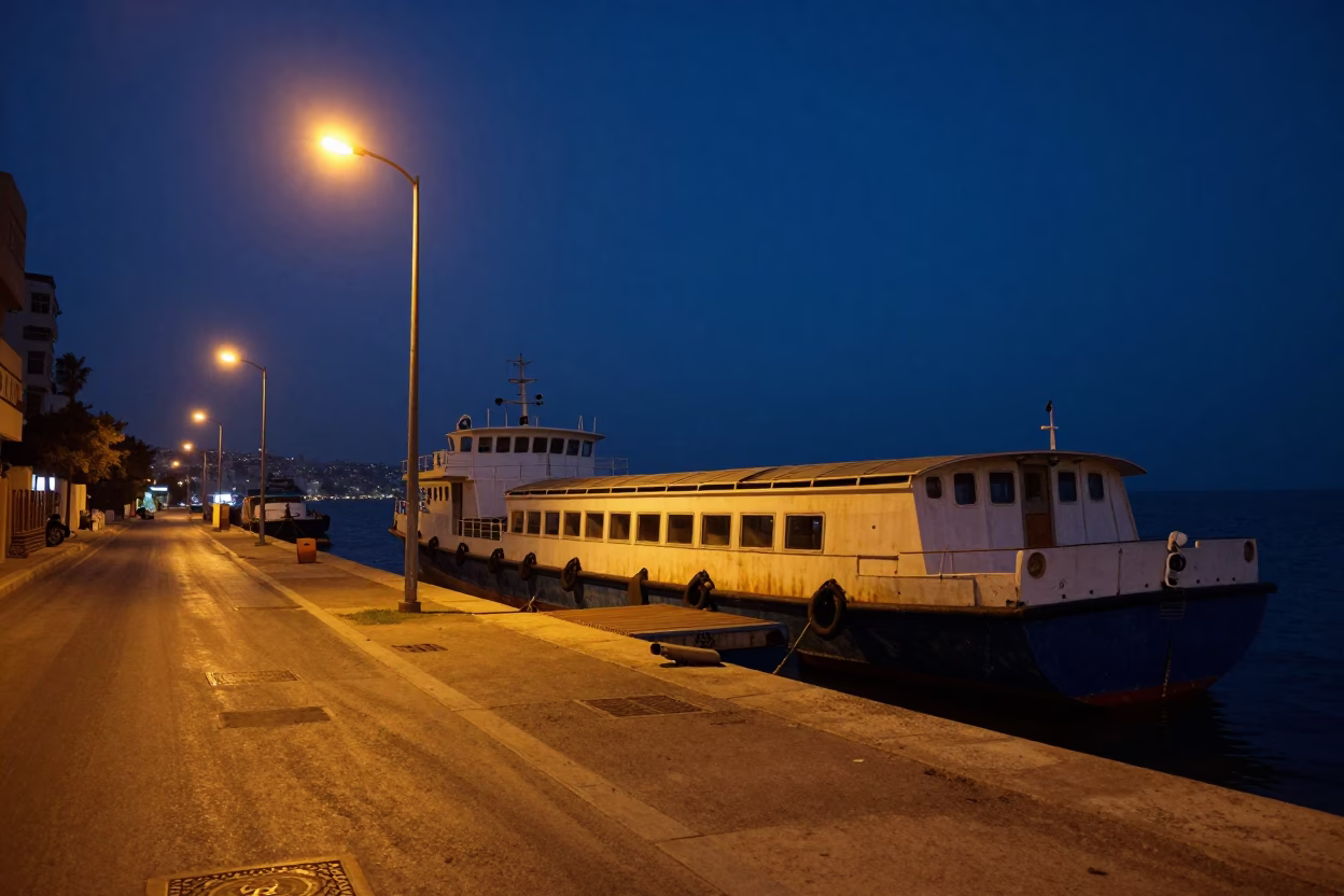 Predawn Beirut Street Scene with Cargo Ship and Water Taxi in Lebanon in in Beirut, Lebanon