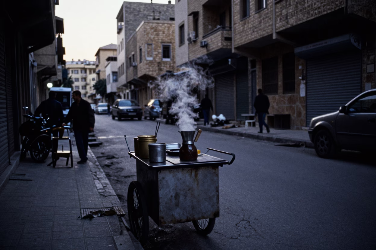 Predawn Beirut Street Scene with Coffee Stall and Early Commuters in Lebanon in in Beirut, Lebanon