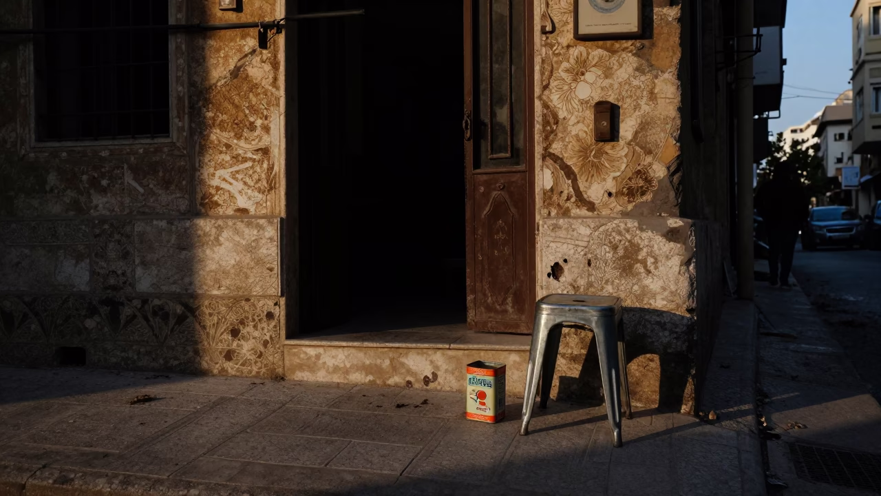 Predawn Beirut Street Scene with Coffee Tin and Stool in Dim Light in in Beirut, Lebanon