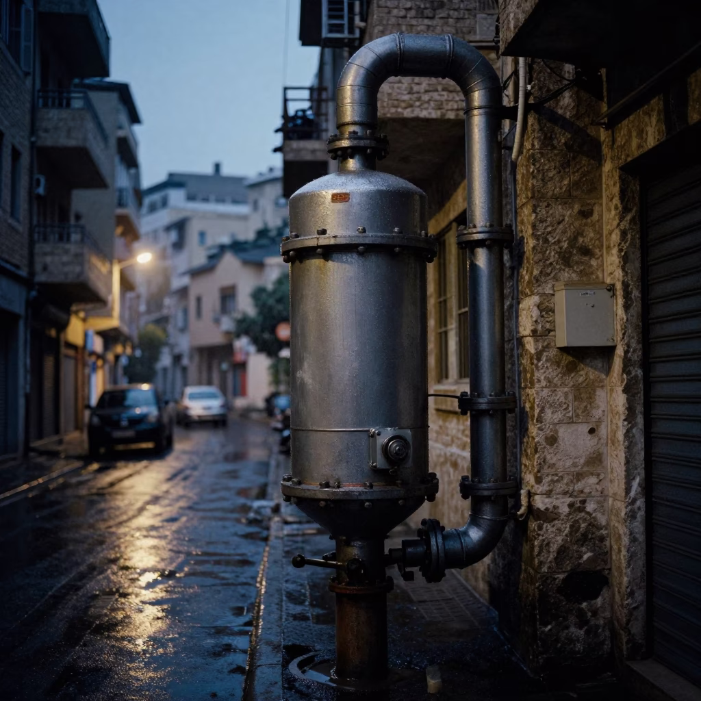 Predawn Beirut Street Scene with Condensation on Metal Pipes and Urban Infrastructure in in Beirut, Lebanon