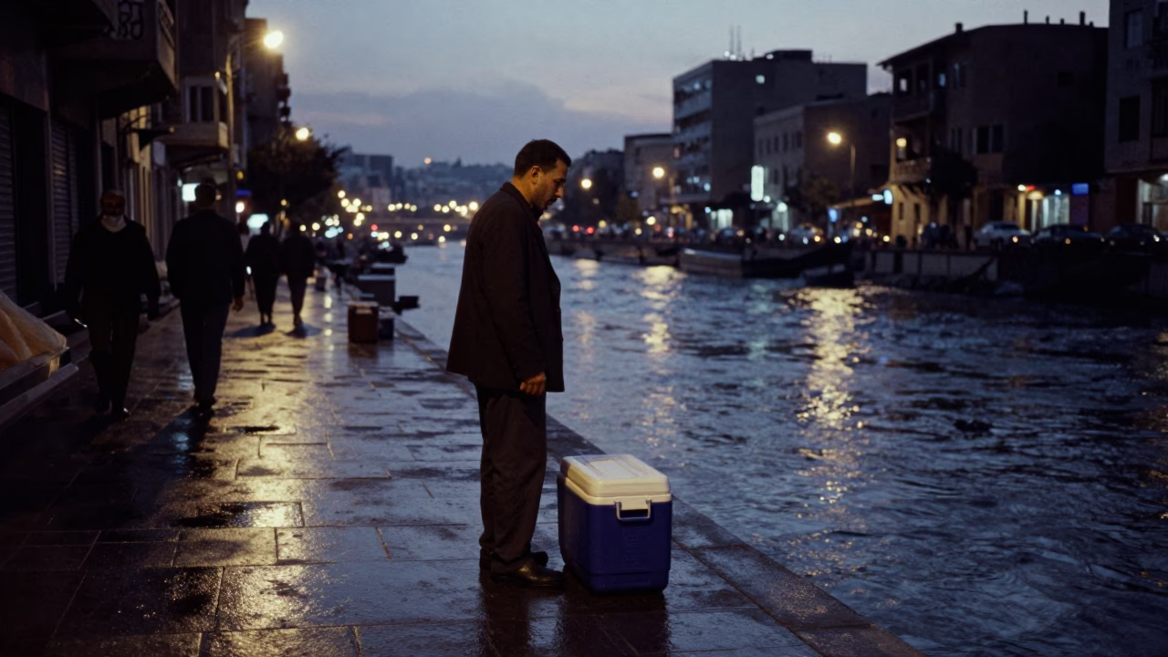 Predawn Beirut street scene with cooler jug on sidewalk near Mediterranean coast in in Beirut, Lebanon