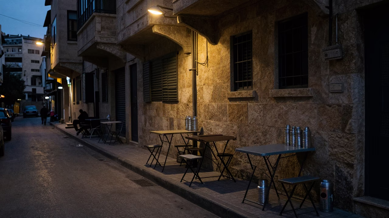 Predawn Beirut Street Scene with Folding Tables and Tin Box in Lebanon in in Beirut, Lebanon