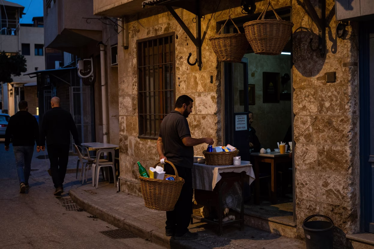 Predawn Beirut Street Scene with Iron Hook and Wicker Basket in in Beirut, Lebanon