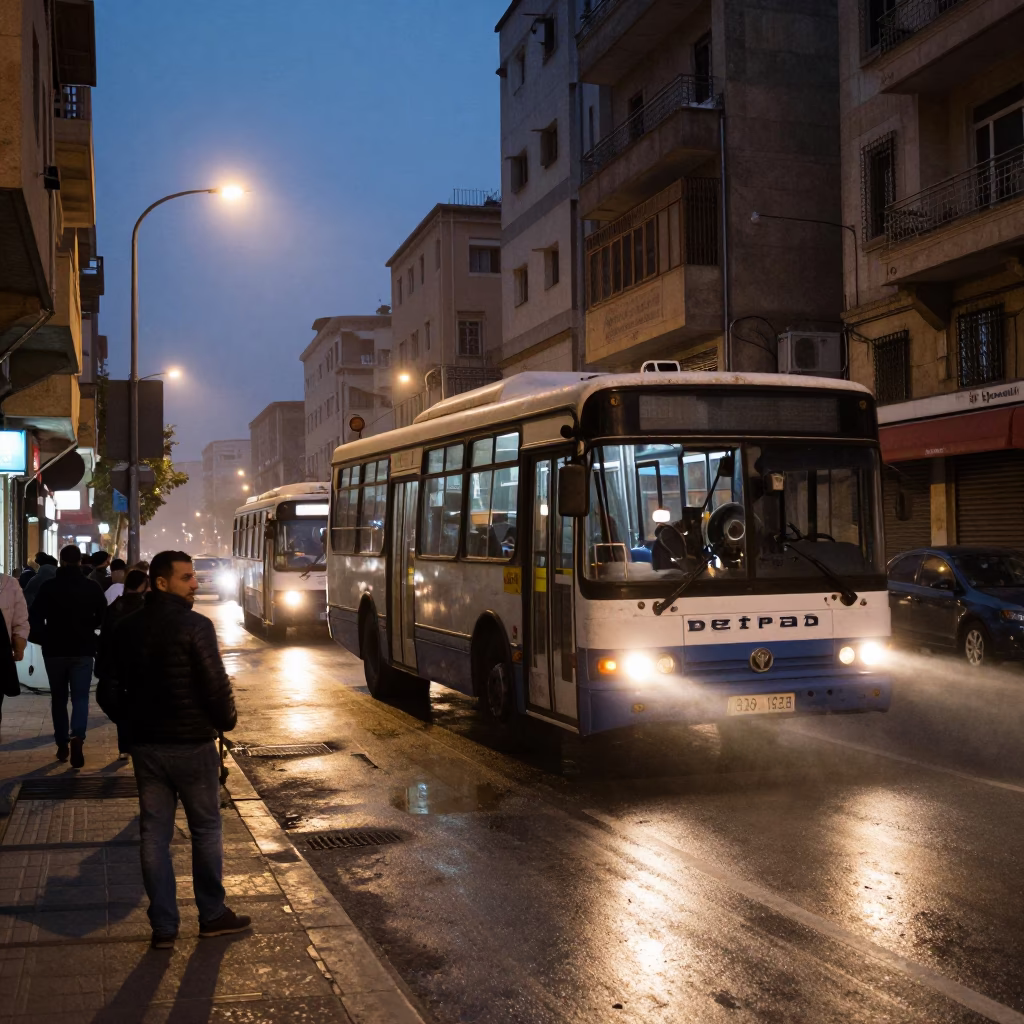 Predawn Beirut Street Scene with Old Bedford Bus and Local Market Activity in Lebanon in in Beirut, Lebanon